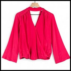 Trina Turk 100% Silk Hot Pink Choker Cutout V-Neck Faux Wrap Flare Blouse Top XS